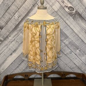 Cache Off-the-Shoulder Yellow Black and Gold Blouse Chainlink Cruise Wear Formal